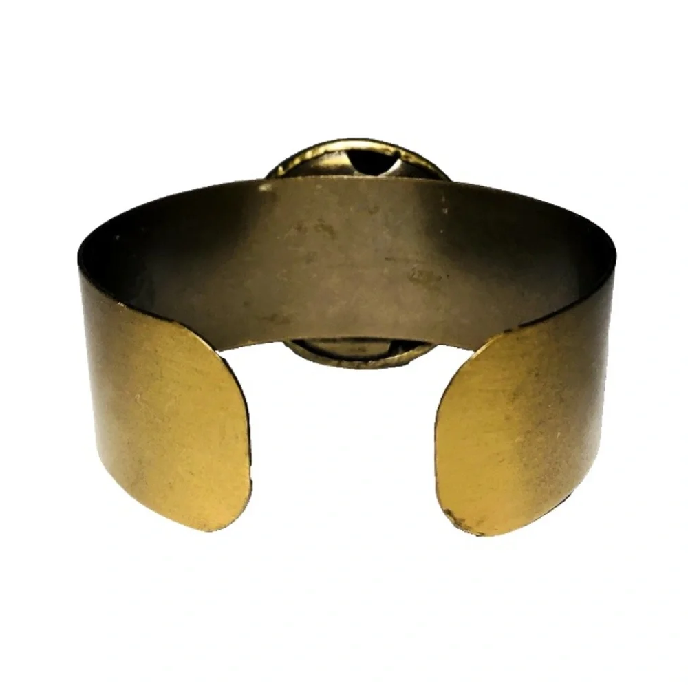 Brass Cuff Bracelet with Textured Medallion and Black Onyx Cabochon